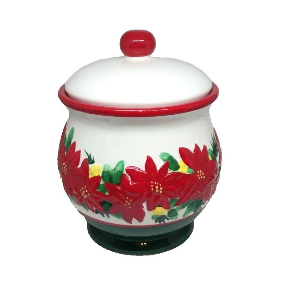 Ceramic Christmas Poinsettia Cookie Jar Canister Holiday Handpainted w/Box